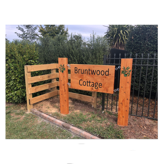 Macrocarpa Sign - Bruntwood Cottage